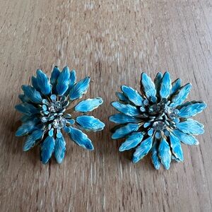 Pair of vintage sander blue enamel and rhinestone clip on earrings
